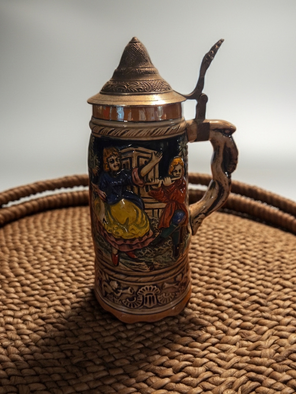 Decorative Ceramic Beer Stein with Painted Folk Scene - Brown & Multicolor
